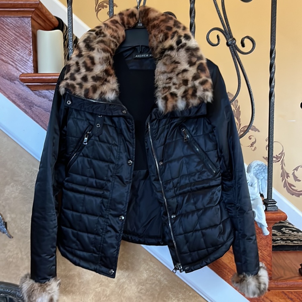 Andrew Marc Thermore Black Puffer Jacket W/Faux Leopard Fur at Collar and Cuffs